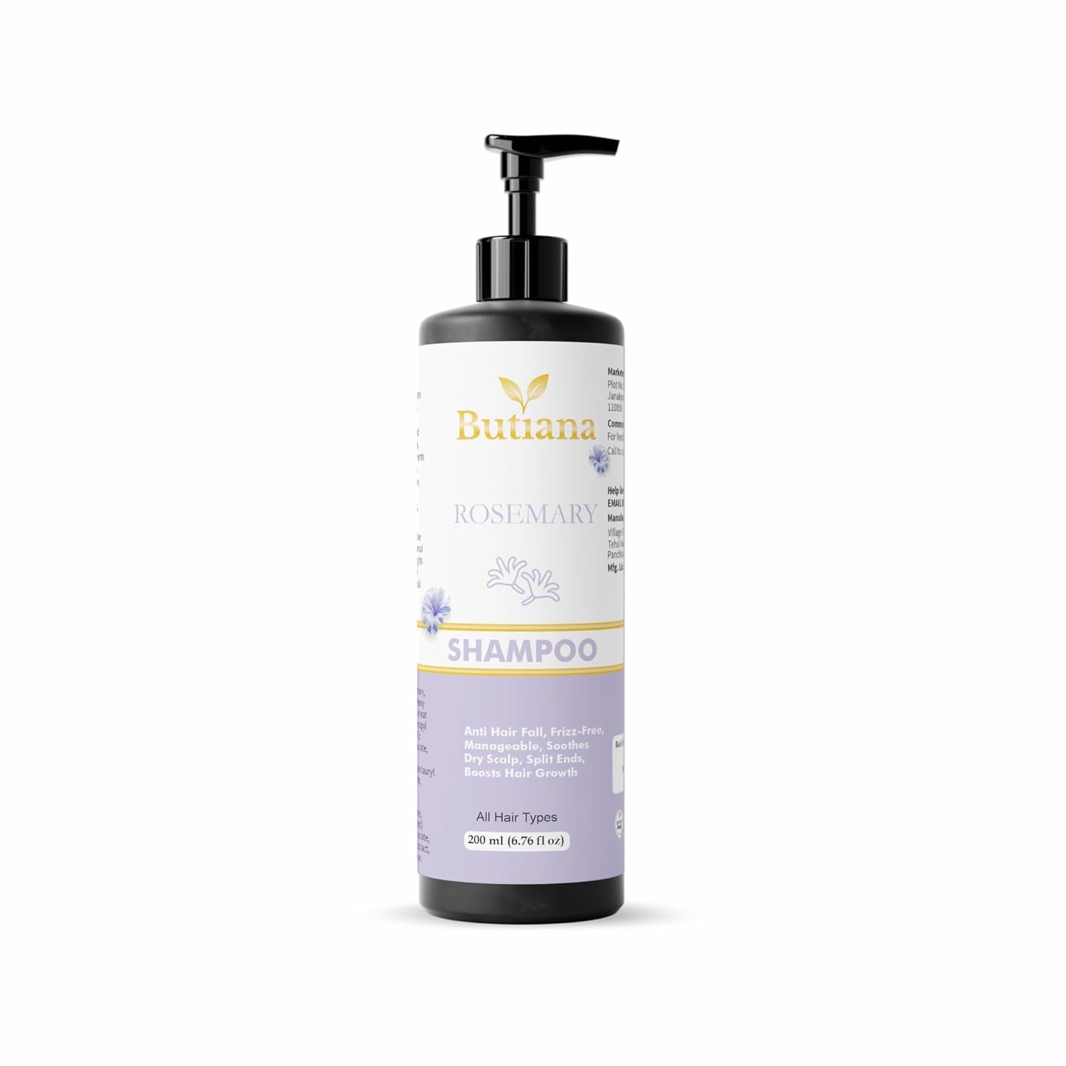 Butiana Rosemary Shampoo for Hair Growth & Anti Hair Fall | Frizz Control, Scalp Soothing & Strengthening Formula for Dry Scalp & Split Ends | Suitable for All Hair Types – 200ml