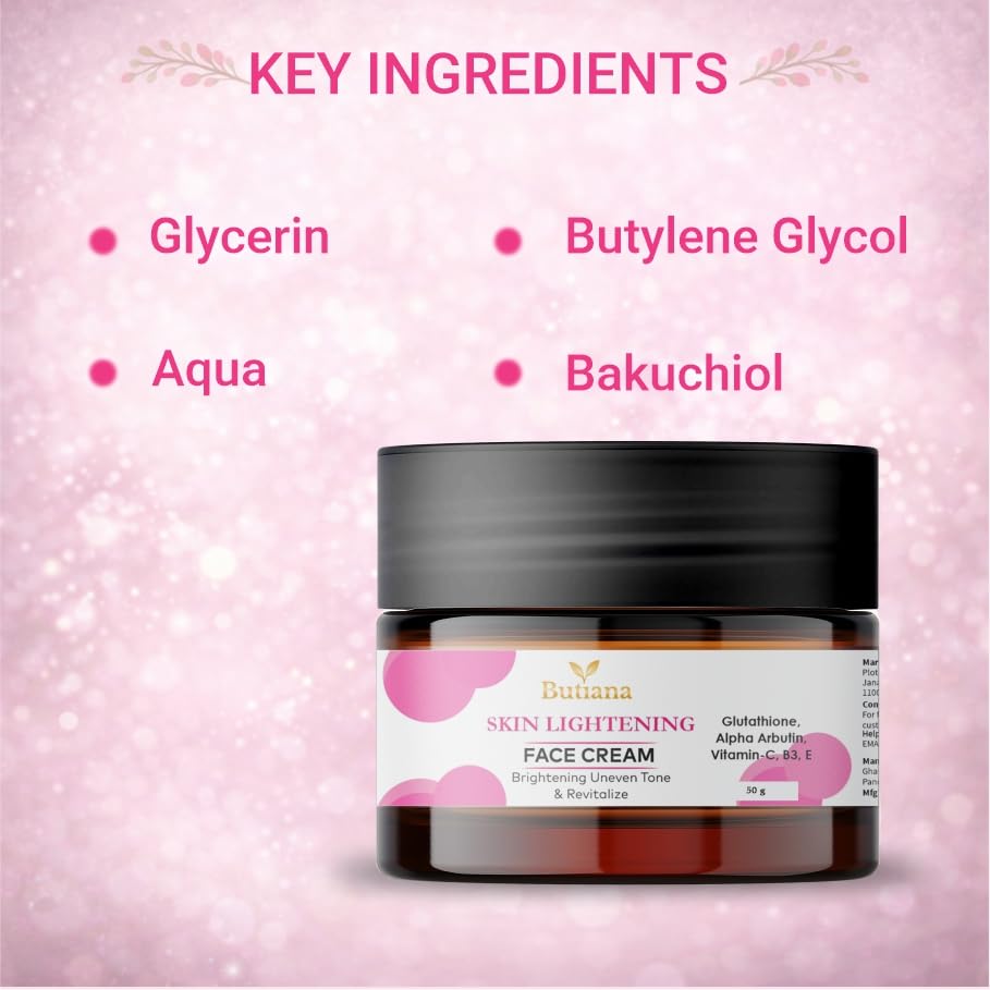 Butiana Skin Lightening Face Cream with Glutathione & Alpha Arbutin | Brightening Cream for Uneven Skin Tone, Vitamin C B3 E Infused Moisturizer for Radiant Skin – 50g