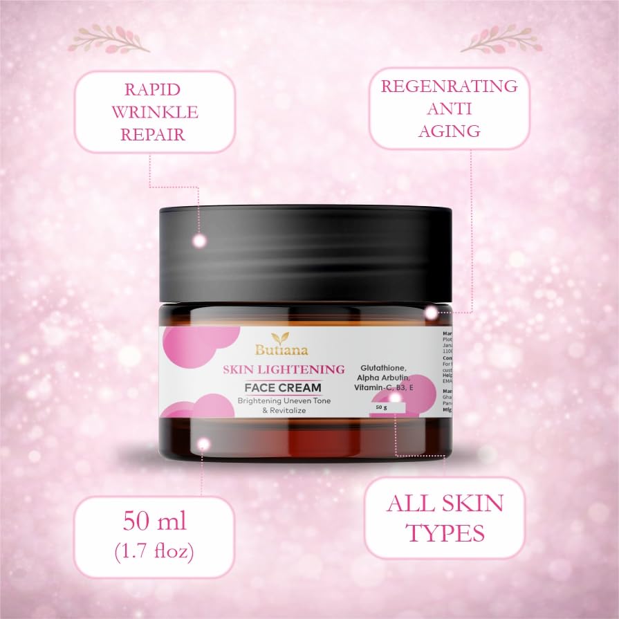 Butiana Skin Lightening Face Cream with Glutathione & Alpha Arbutin | Brightening Cream for Uneven Skin Tone, Vitamin C B3 E Infused Moisturizer for Radiant Skin – 50g