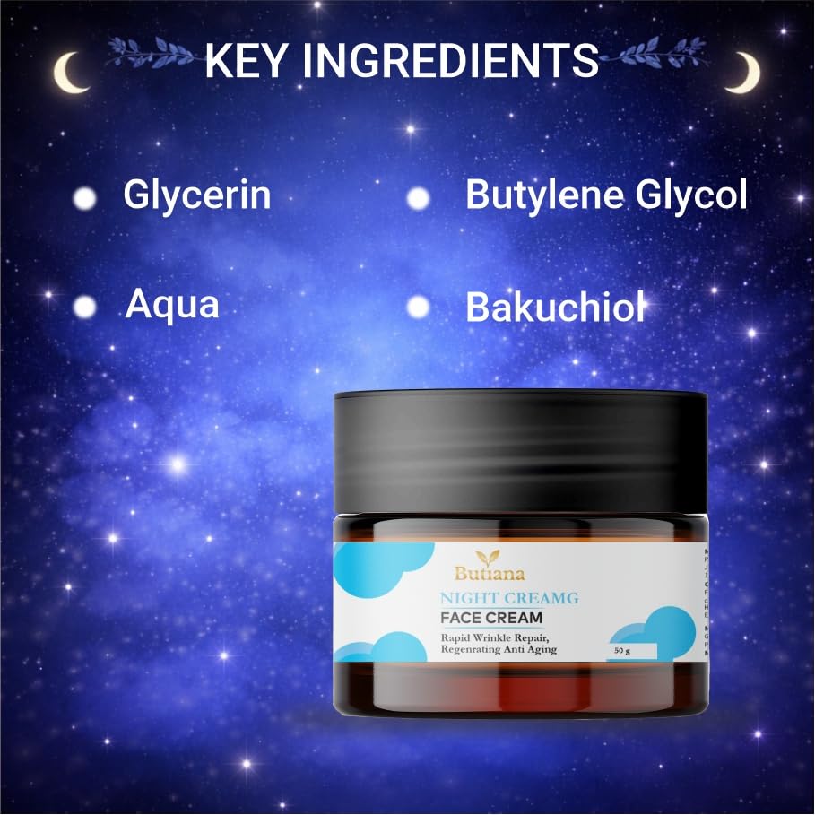 Butiana Night Cream Face Cream, Anti-Aging Wrinkle Repair, Regenerating, Glutathione Infused, for All Skin Types, 50g