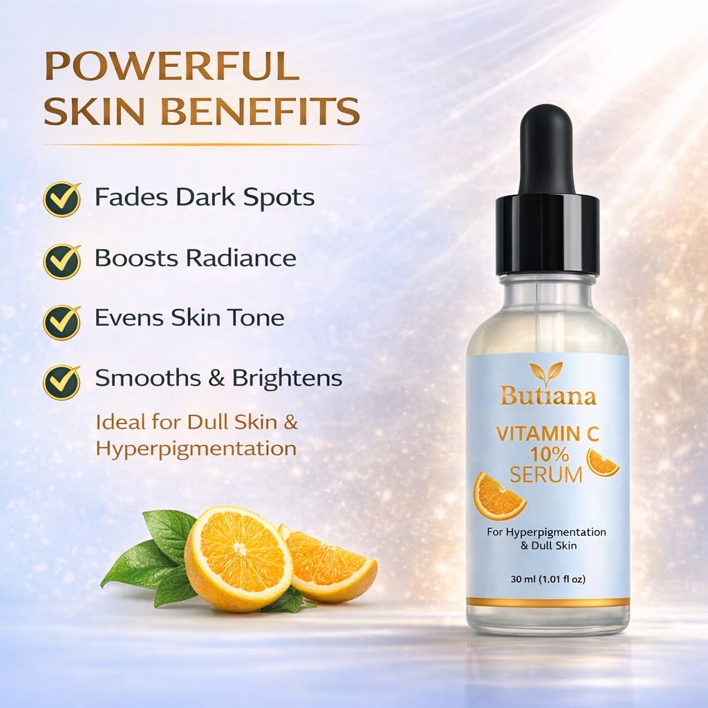 Butiana Vitamin C 10% Serum for Hyperpigmentation & Dull Skin, 30ml, Face Serum, Unscented, Paraben Free