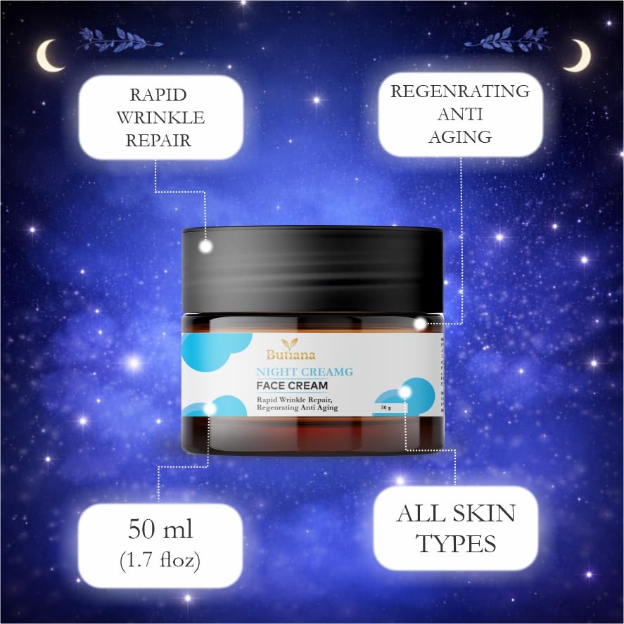 Butiana Night Cream Face Cream, Anti-Aging Wrinkle Repair, Regenerating, Glutathione Infused, for All Skin Types, 50g