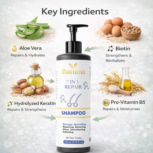 Butiana 7 in 1 Repair Shampoo for Damaged Hair | Nourishing, Strengthening, Smoothening & Shine Boosting Formula for Hair Repair & Frizz Control | All Hair Types – 200ml