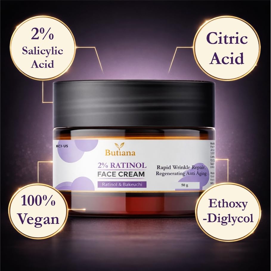 Butiana 2% Retinol Face Cream with Bakuchiol | Anti-Aging Night Cream for Wrinkle Repair, Fine Lines, Skin Renewal & Firming Moisturizer for Smooth Youthful Skin – 50g