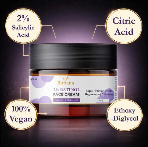 Butiana 2% Retinol Face Cream with Bakuchiol | Anti-Aging Night Cream for Wrinkle Repair, Fine Lines, Skin Renewal & Firming Moisturizer for Smooth Youthful Skin – 50g