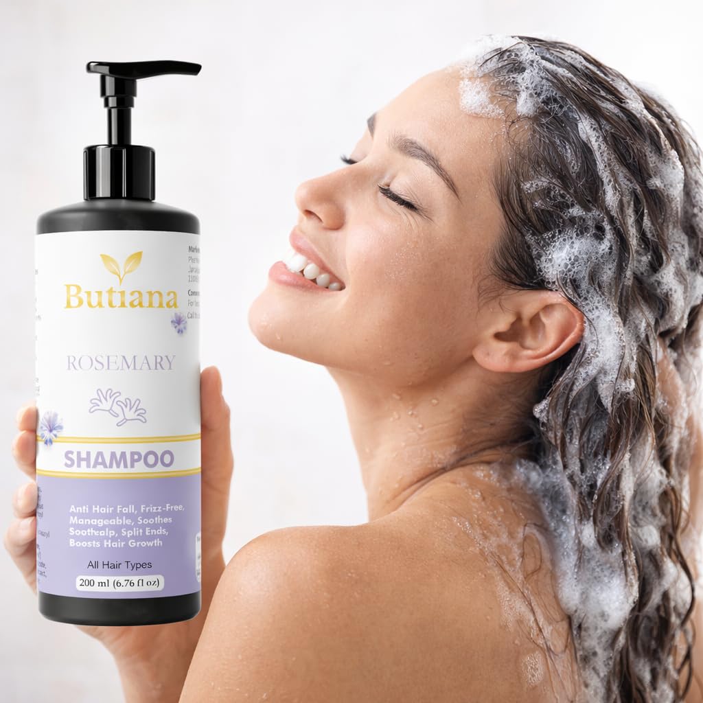 Butiana Rosemary Shampoo for Hair Growth & Anti Hair Fall | Frizz Control, Scalp Soothing & Strengthening Formula for Dry Scalp & Split Ends | Suitable for All Hair Types – 200ml
