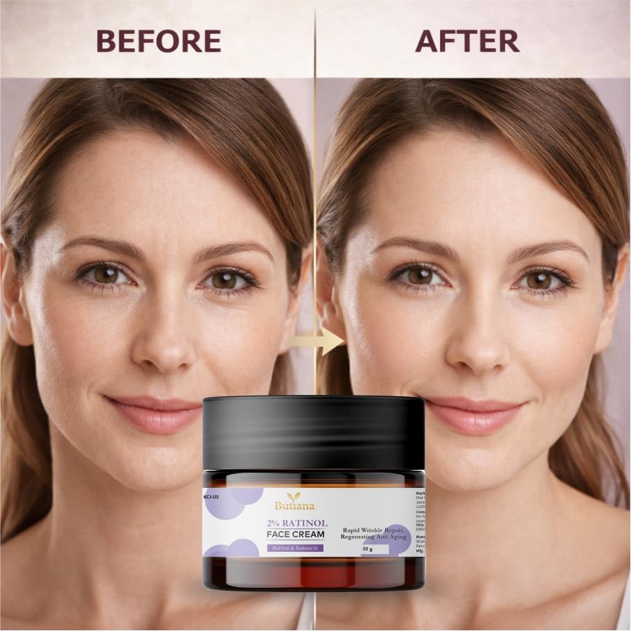 Butiana 2% Retinol Face Cream with Bakuchiol | Anti-Aging Night Cream for Wrinkle Repair, Fine Lines, Skin Renewal & Firming Moisturizer for Smooth Youthful Skin – 50g