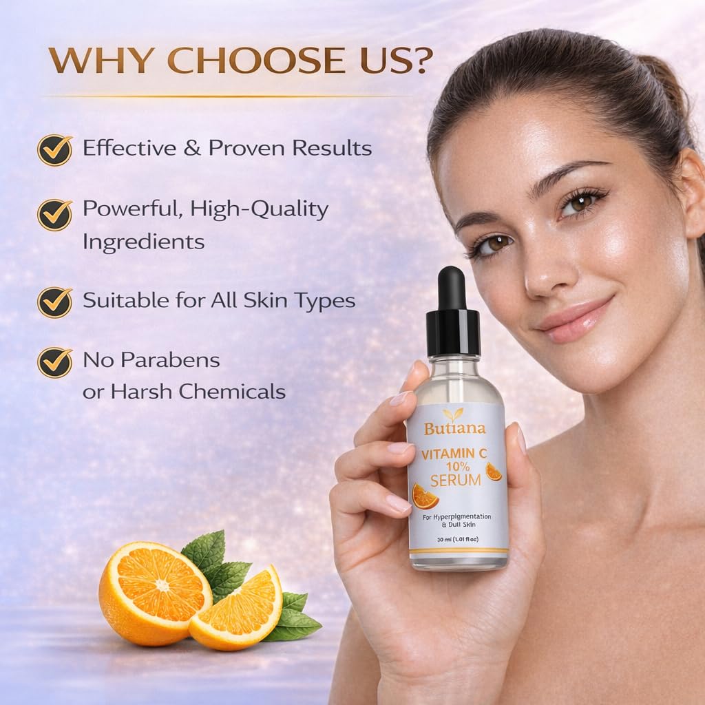Butiana Vitamin C 10% Serum for Hyperpigmentation & Dull Skin, 30ml, Face Serum, Unscented, Paraben Free