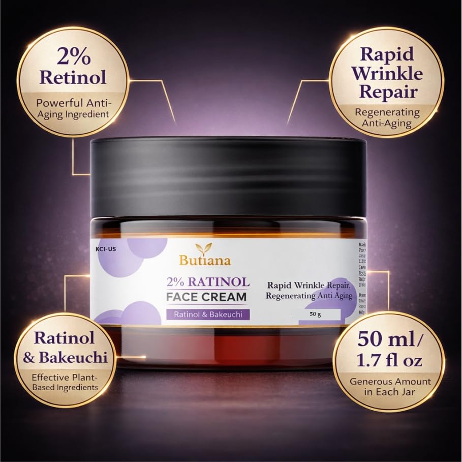 Butiana 2% Retinol Face Cream with Bakuchiol | Anti-Aging Night Cream for Wrinkle Repair, Fine Lines, Skin Renewal & Firming Moisturizer for Smooth Youthful Skin – 50g