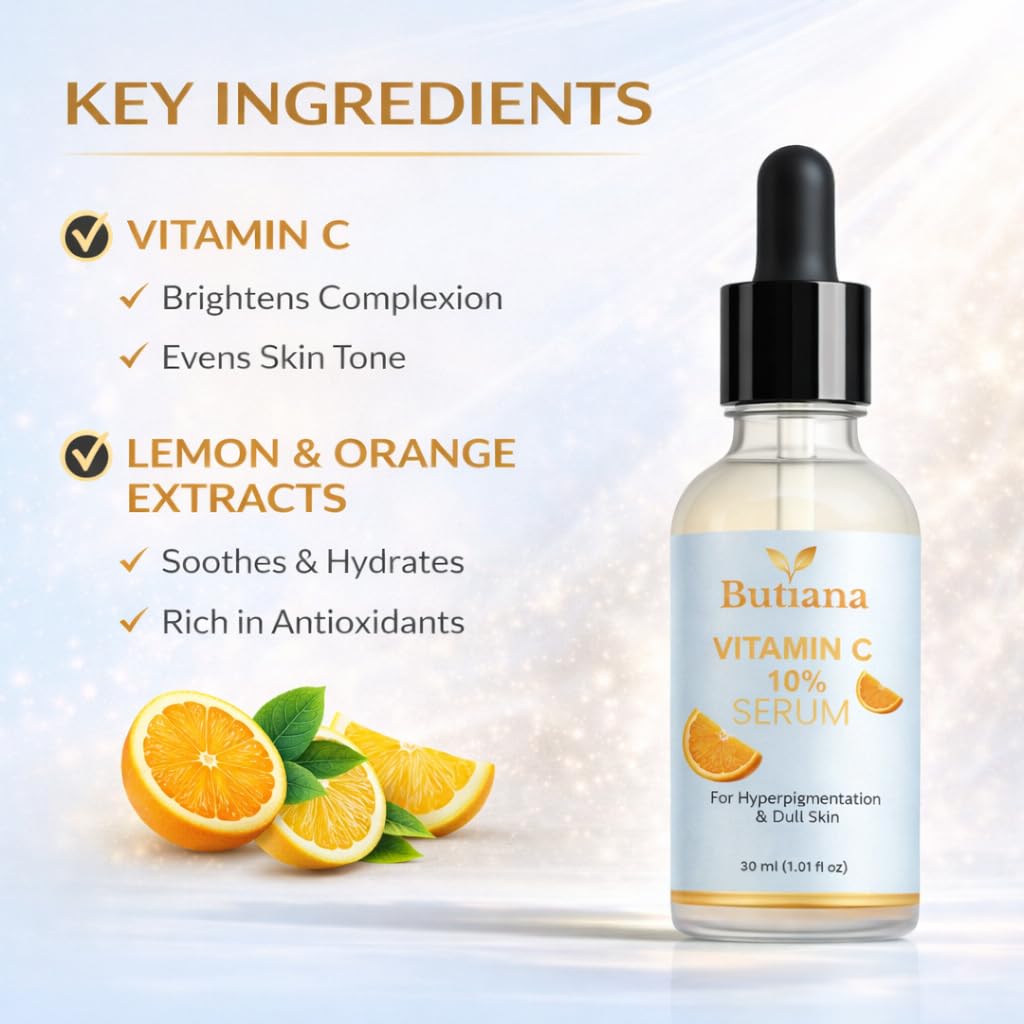 Butiana Vitamin C 10% Serum for Hyperpigmentation & Dull Skin, 30ml, Face Serum, Unscented, Paraben Free