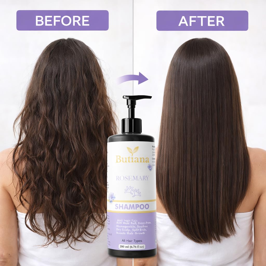 Butiana Rosemary Shampoo for Hair Growth & Anti Hair Fall | Frizz Control, Scalp Soothing & Strengthening Formula for Dry Scalp & Split Ends | Suitable for All Hair Types – 200ml