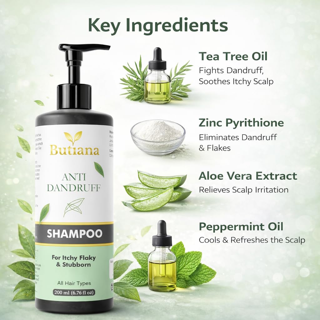 Butiana Anti Dandruff Shampoo for Itchy Flaky Scalp | Dandruff Control, Scalp Soothing & Deep Cleansing Formula for Healthy, Clean Hair | Suitable for All Hair Types – 200ml