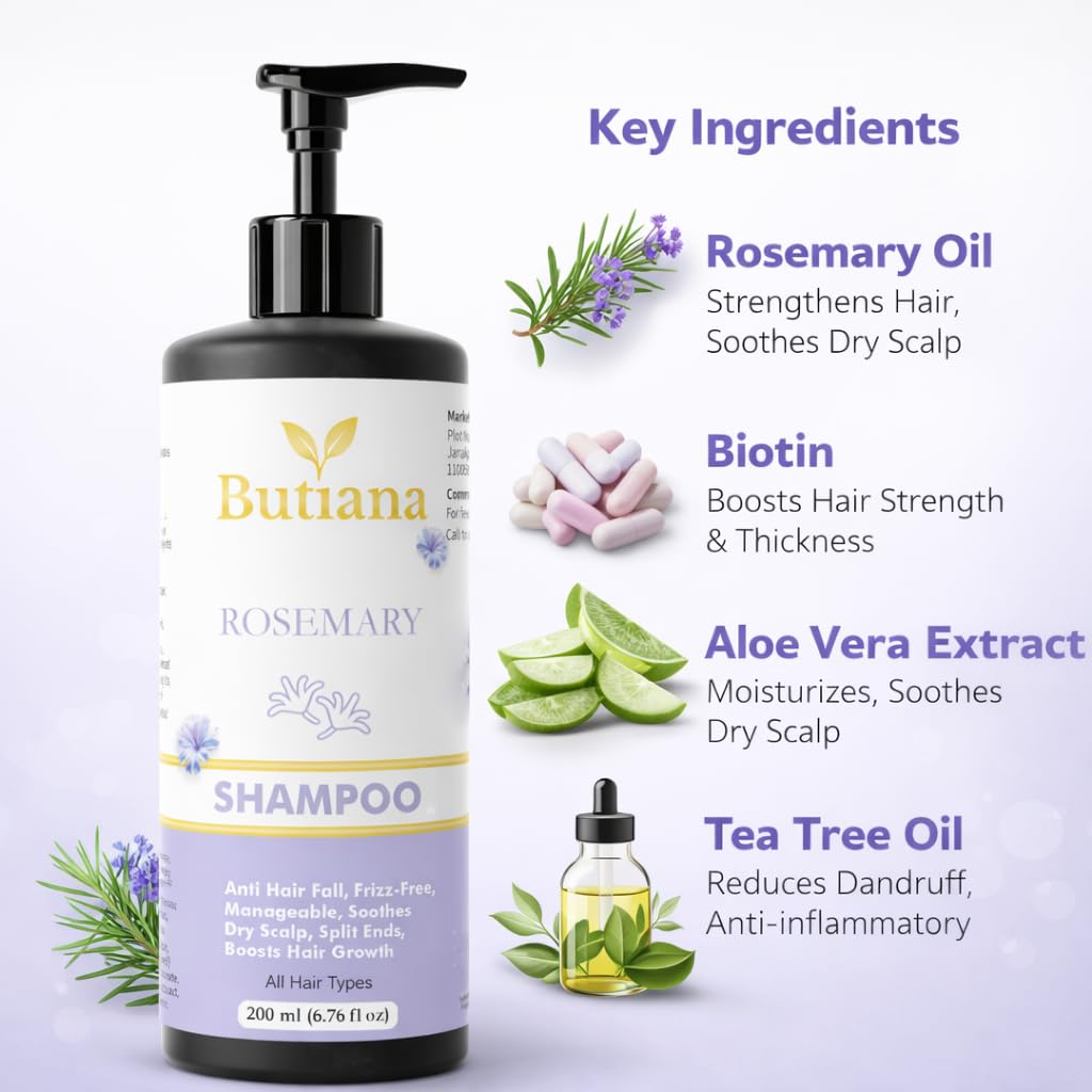 Butiana Rosemary Shampoo for Hair Growth & Anti Hair Fall | Frizz Control, Scalp Soothing & Strengthening Formula for Dry Scalp & Split Ends | Suitable for All Hair Types – 200ml