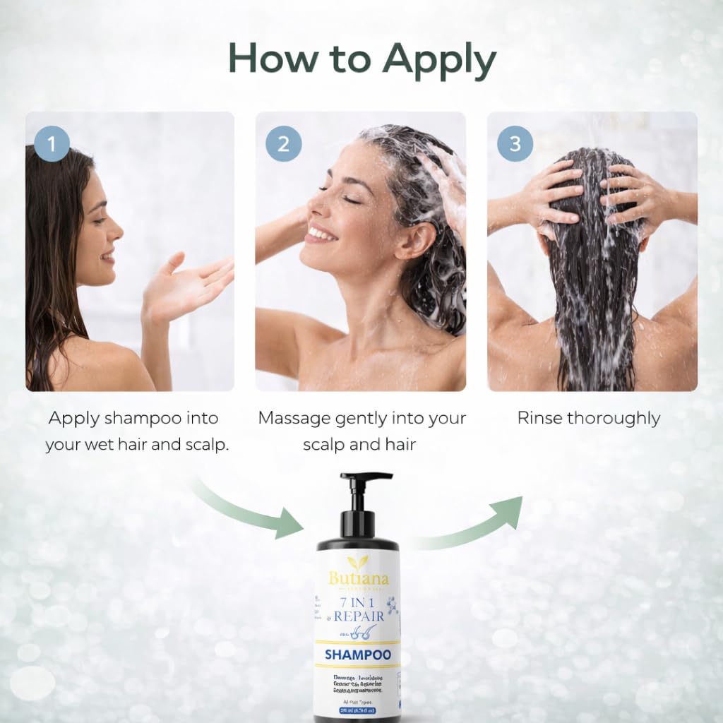 Butiana 7 in 1 Repair Shampoo for Damaged Hair | Nourishing, Strengthening, Smoothening & Shine Boosting Formula for Hair Repair & Frizz Control | All Hair Types – 200ml