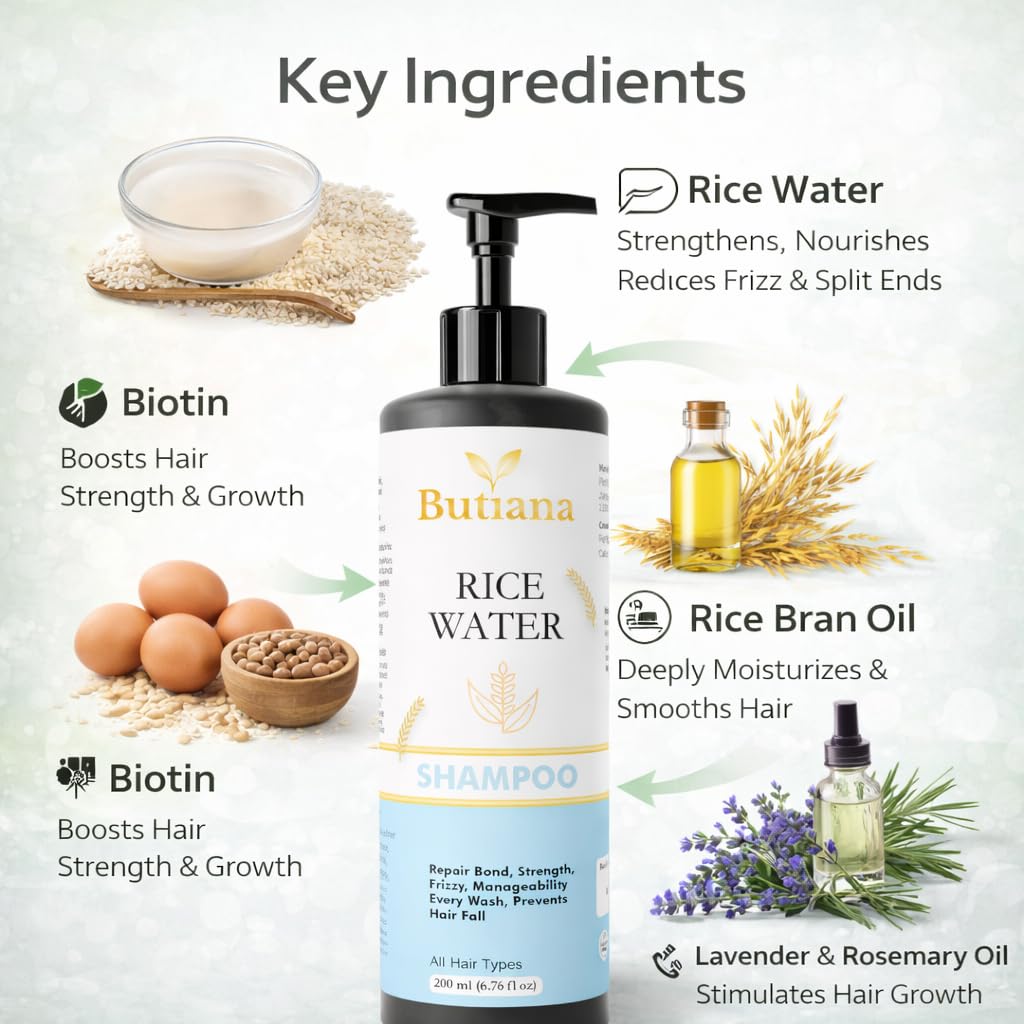 Butiana Rice Water Shampoo for Hair Growth & Strengthening | Repair Damage, Reduce Hair Fall, Frizz Control & Smoothening Formula for Healthy, Shiny Hair | All Hair Types – 200ml