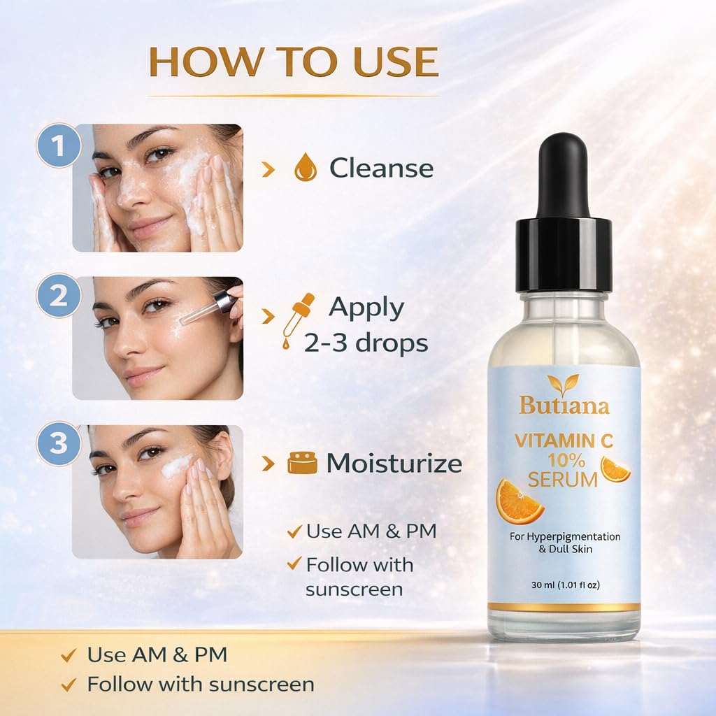 Butiana Vitamin C 10% Serum for Hyperpigmentation & Dull Skin, 30ml, Face Serum, Unscented, Paraben Free