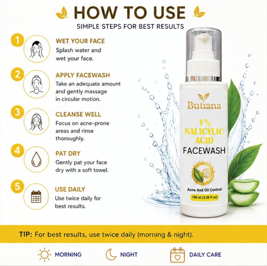 Butiana 1% Salicylic Acid Face Wash 100ml – Acne Control Cleanser with Tea Tree, Niacinamide & Aloe Vera, Oil Control, Pore Cleansing, Gentle Daily Face Cleanser for Clear Skin