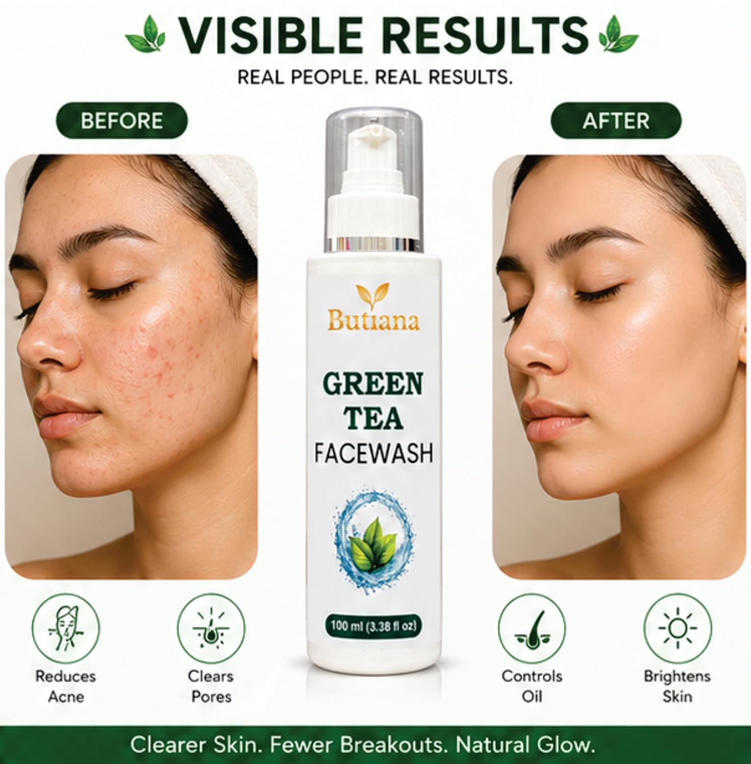 Butiana Green Tea Face Wash 100ml – Gentle Daily Cleanser with Brush, Oil Control & Refreshing Hydration, Deep Pore Cleansing Face Cleanser for Oily & Combination Skin Men & Women