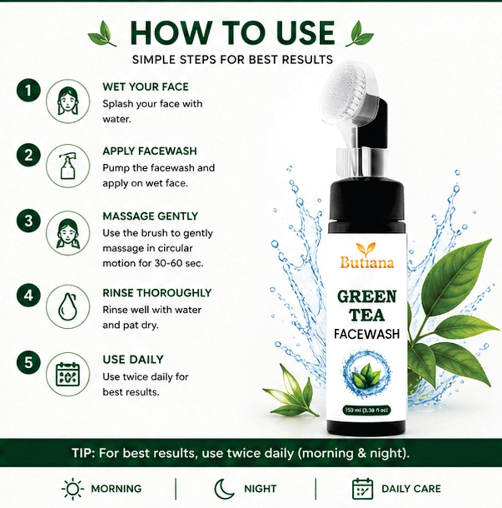 Butiana Green Tea Face Wash 150ml – Gentle Daily Cleanser with Brush, Oil Control & Refreshing Hydration, Deep Pore Cleansing Face Cleanser for Oily & Combination Skin Men & Women