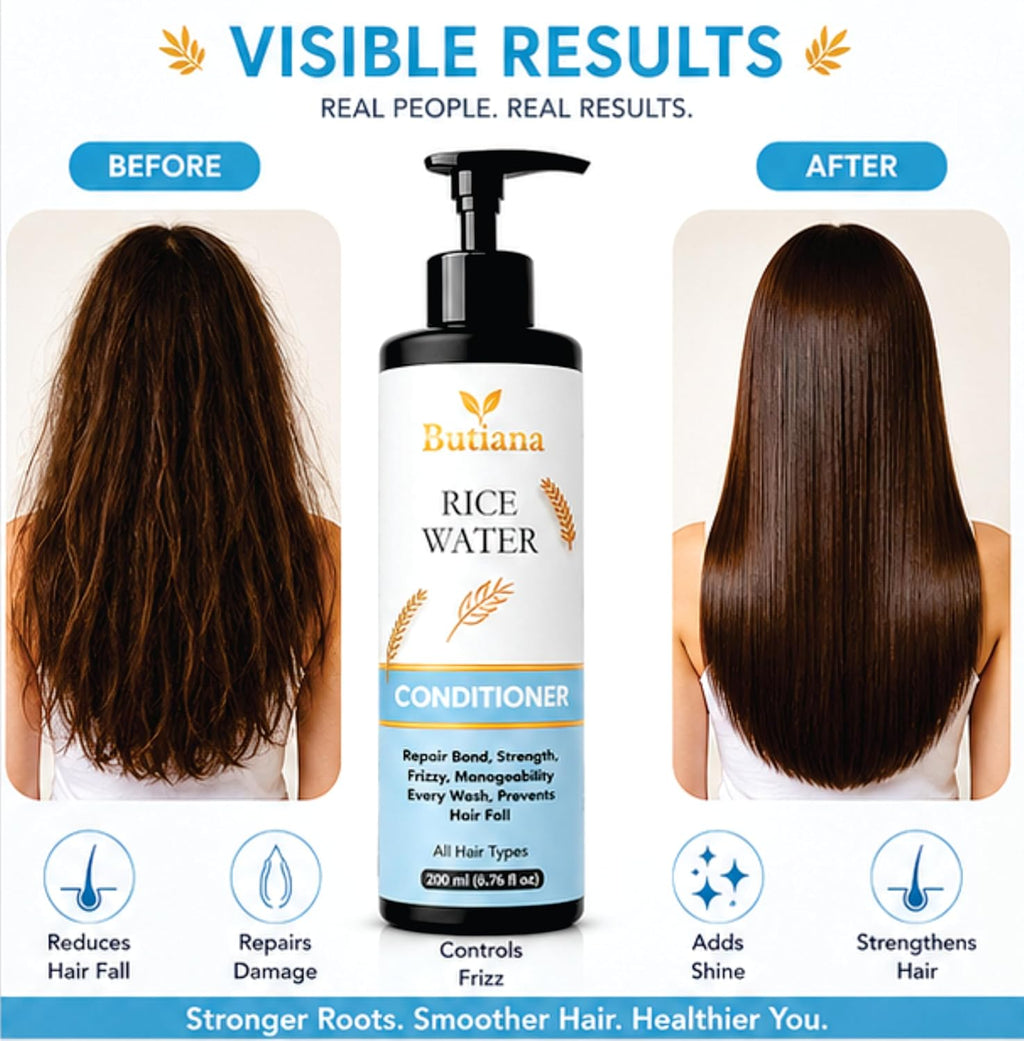 Butiana Rice Water Hair Conditioner 200ml – Strengthening & Smoothening Care, Frizz Control, Shine Boosting & Nourishing Conditioner for Dry, Damaged Hair, All Hair Types Men & Women