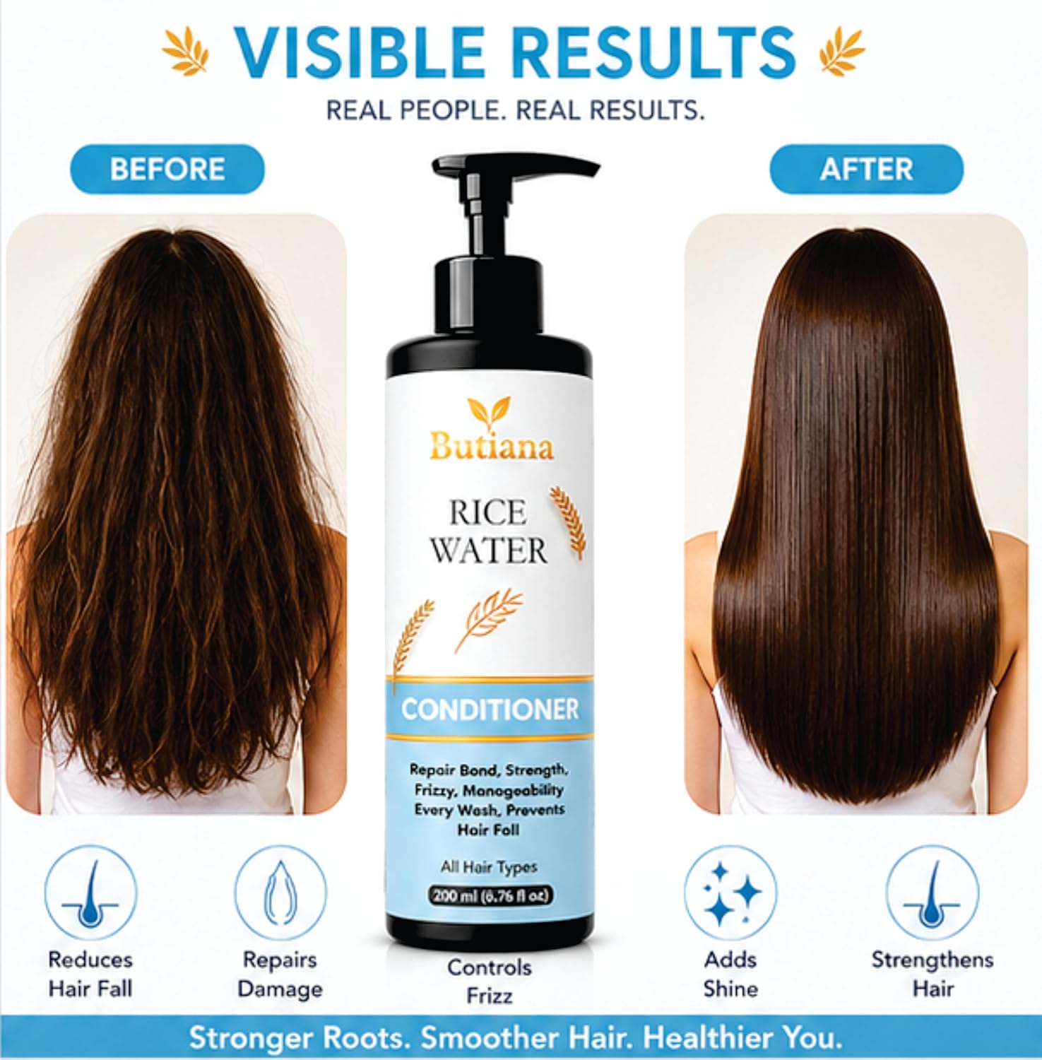 Butiana Rice Water Hair Conditioner 200ml – Strengthening & Smoothening Care, Frizz Control, Shine Boosting & Nourishing Conditioner for Dry, Damaged Hair, All Hair Types Men & Women