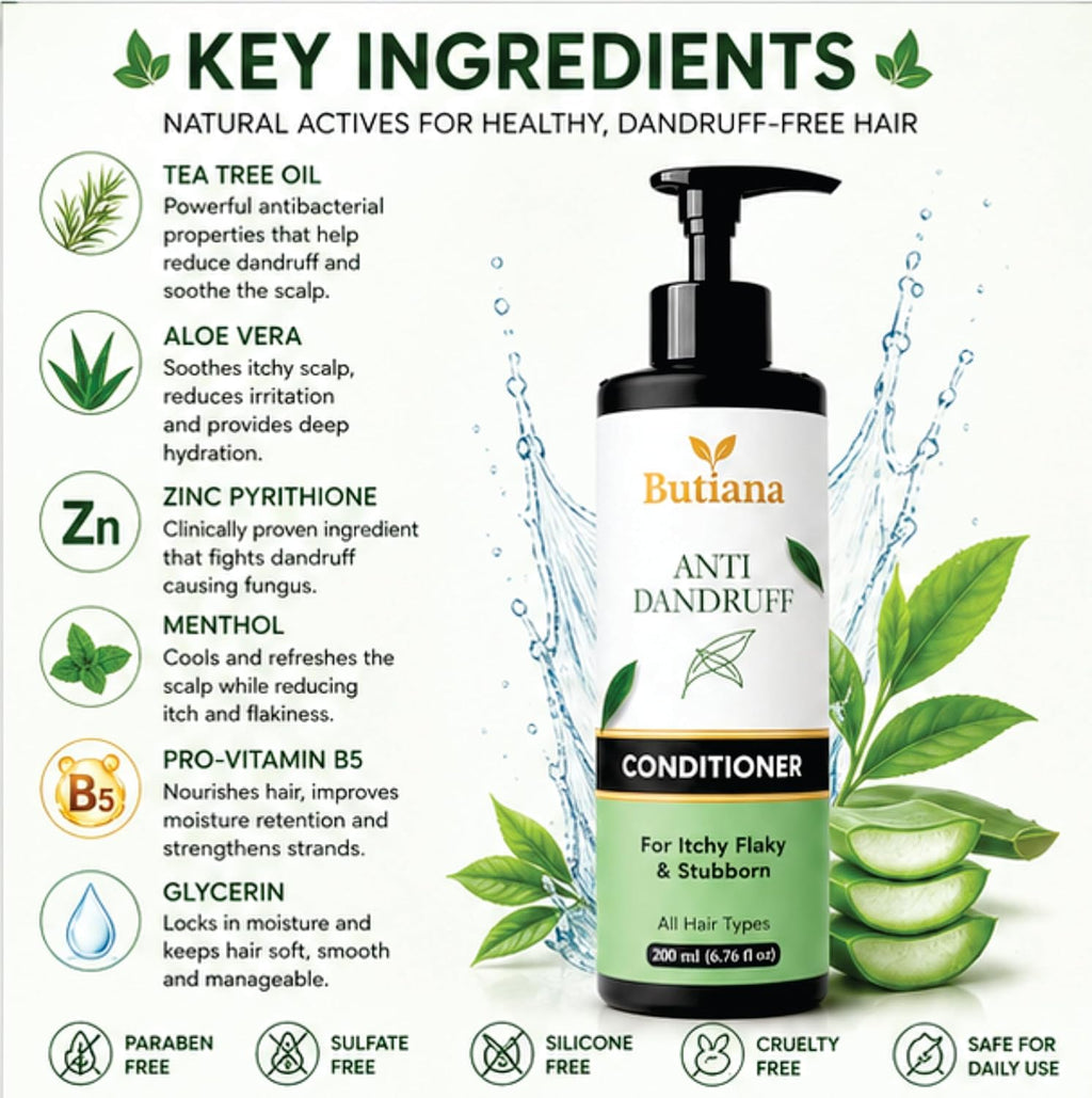 Butiana Anti Dandruff Hair Conditioner 200ml – Scalp Soothing, Flake Control, Hydrating & Smoothening Conditioner for Itchy, Dry & Flaky Scalp, All Hair Types Men & Women