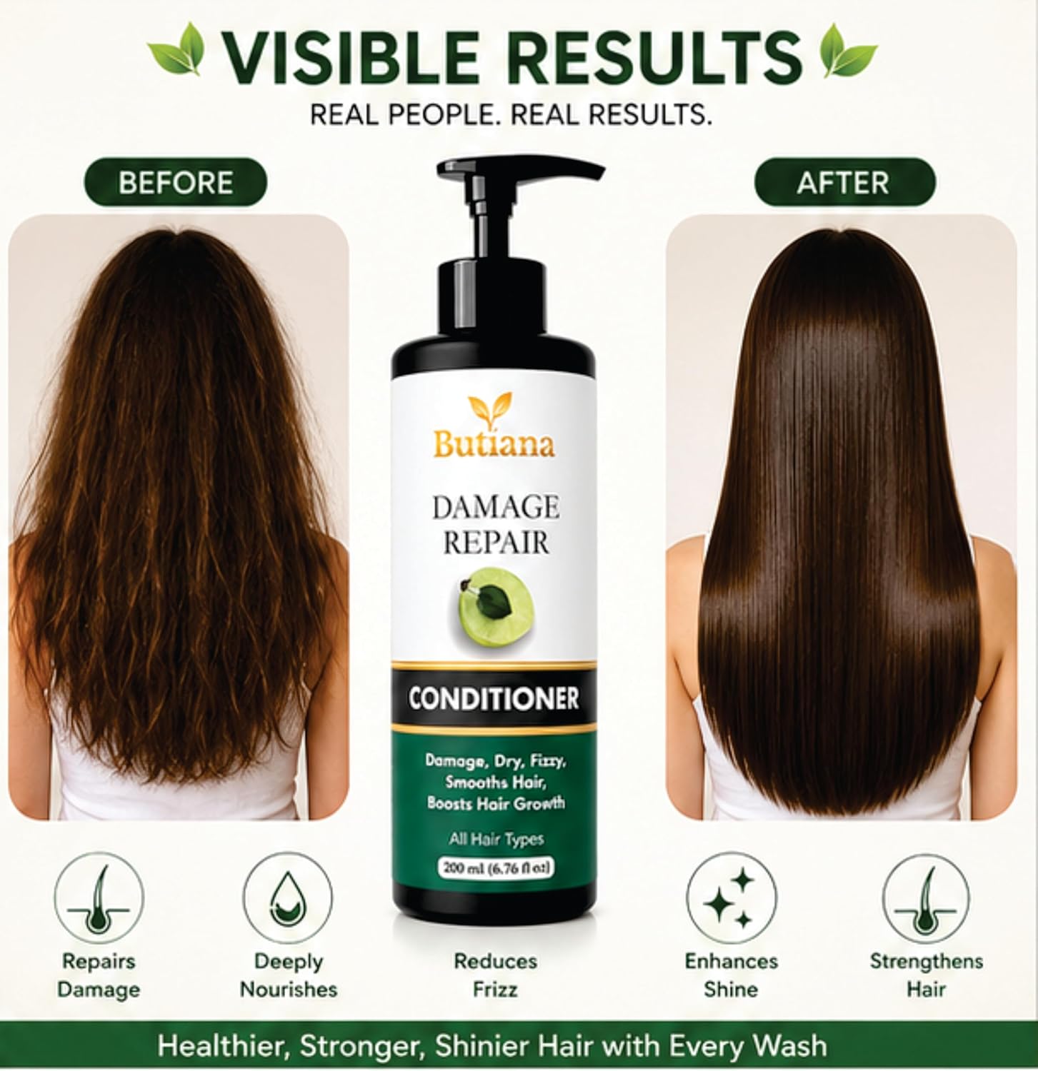 Butiana Damage Repair Shampoo 200ml – Dry & Frizzy Hair Care, Smoothening & Nourishing Formula, Scalp Hydration, Shine Boosting Shampoo for All Hair Types Men & Women