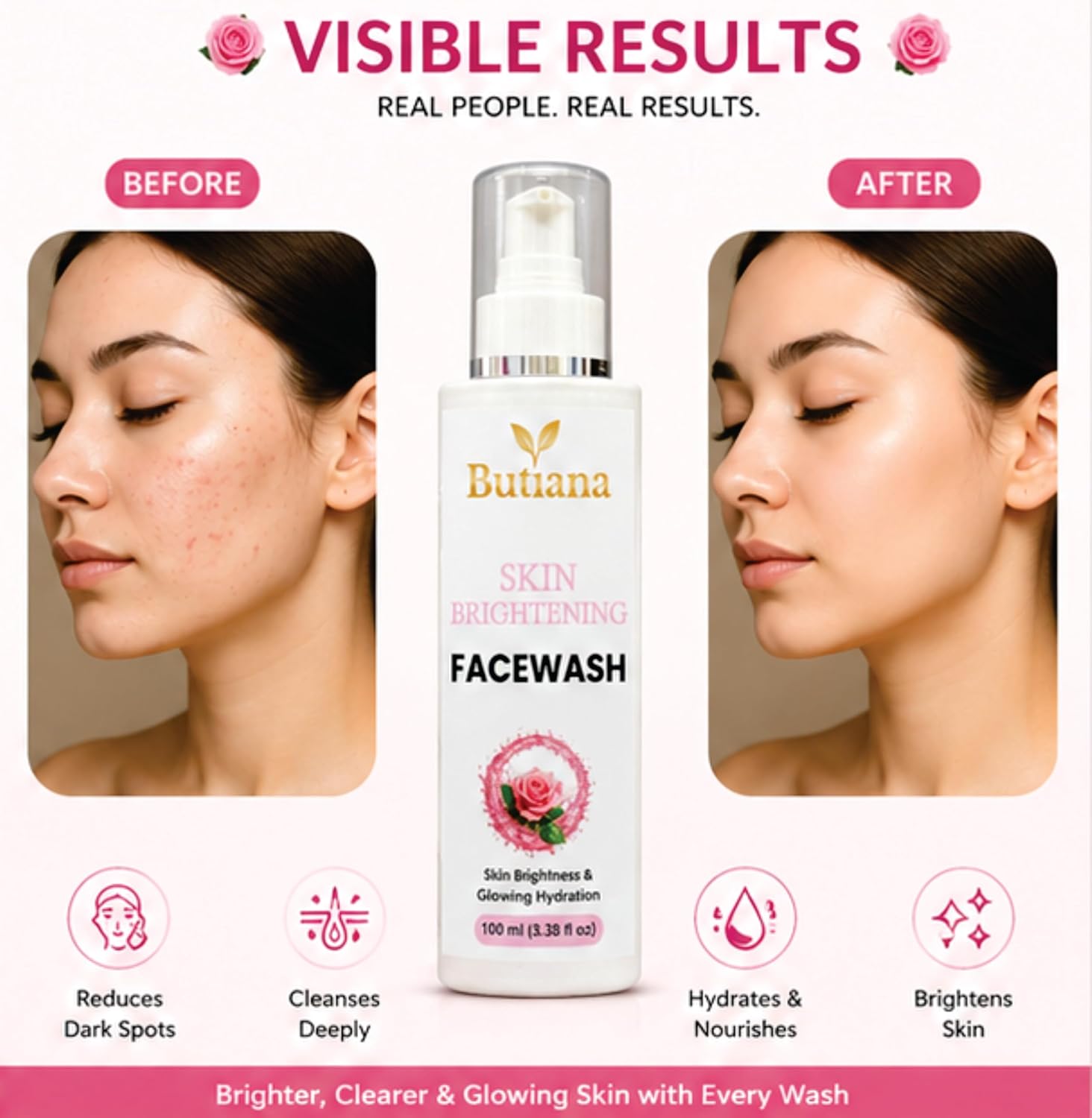 Butiana Skin Brightening Face Wash 100ml – Gentle Daily Cleanser for Glowing Skin, Hydrating & Refreshing Face Cleanser, Improves Skin Radiance & Texture for Men & Women