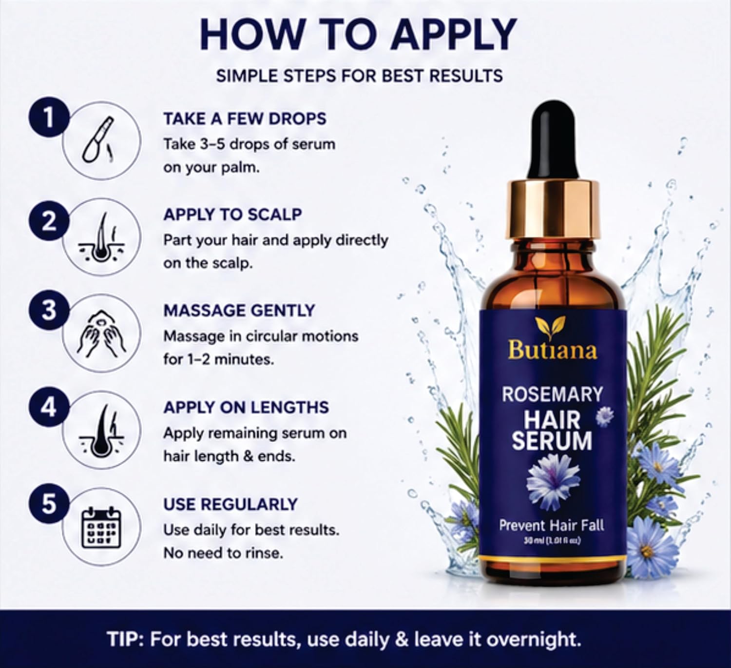 Butiana Rosemary Hair Serum 30ml – Hair Fall Control, Scalp Nourishing, Strengthening & Shine Boosting Lightweight Serum for Thicker, Healthier Looking Hair for Men & Women