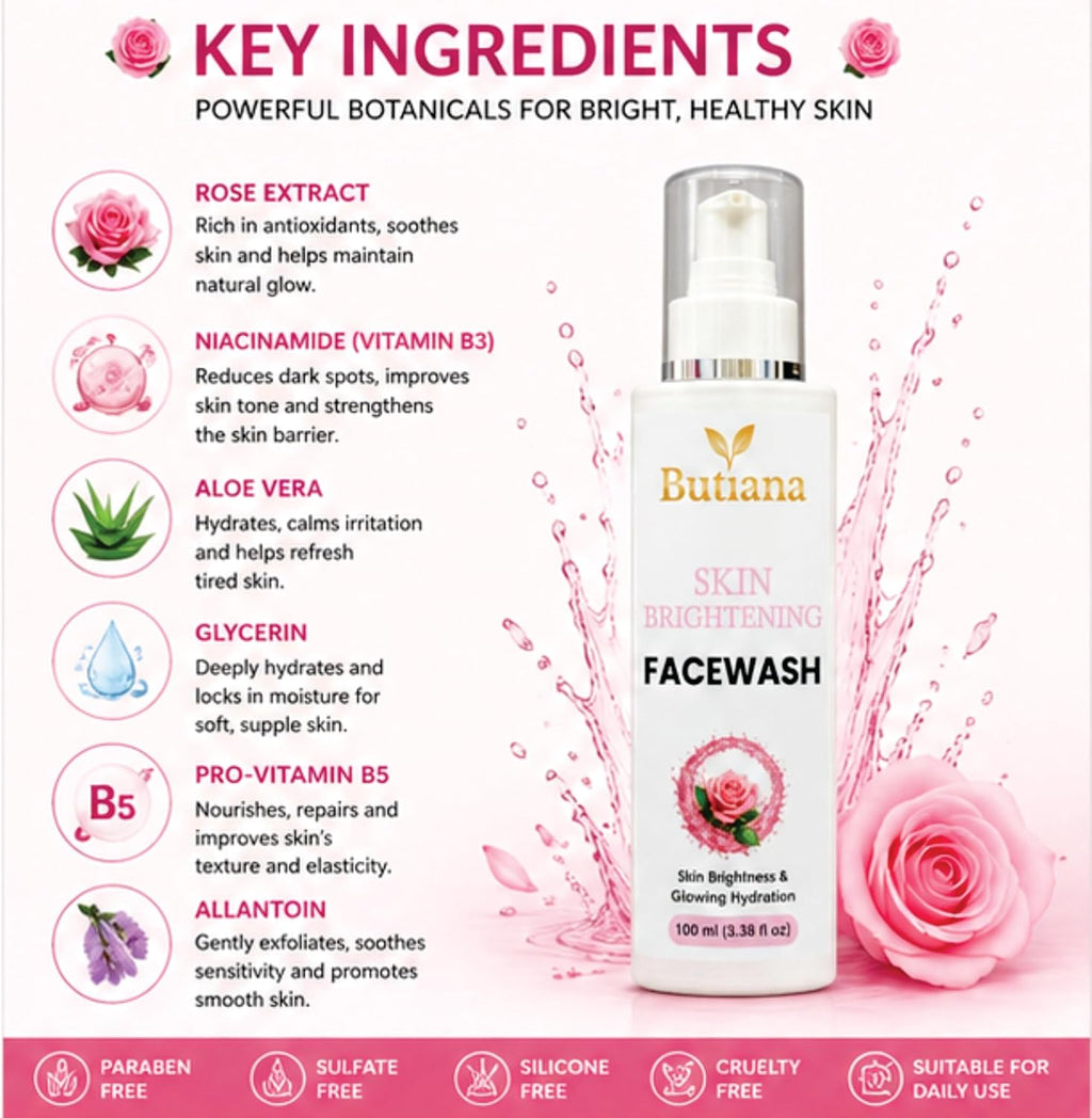 Butiana Skin Brightening Face Wash 100ml – Gentle Daily Cleanser for Glowing Skin, Hydrating & Refreshing Face Cleanser, Improves Skin Radiance & Texture for Men & Women