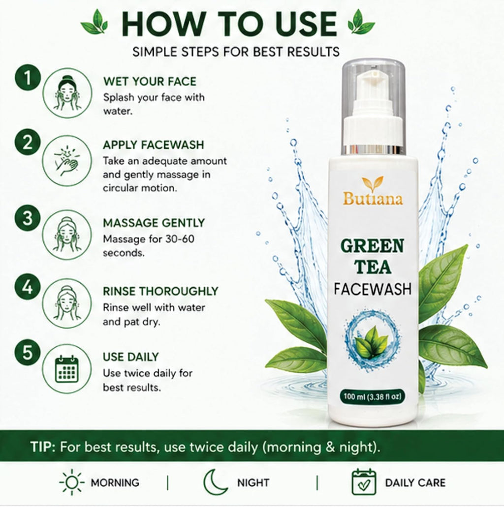 Butiana Green Tea Face Wash 100ml – Gentle Daily Cleanser with Brush, Oil Control & Refreshing Hydration, Deep Pore Cleansing Face Cleanser for Oily & Combination Skin Men & Women