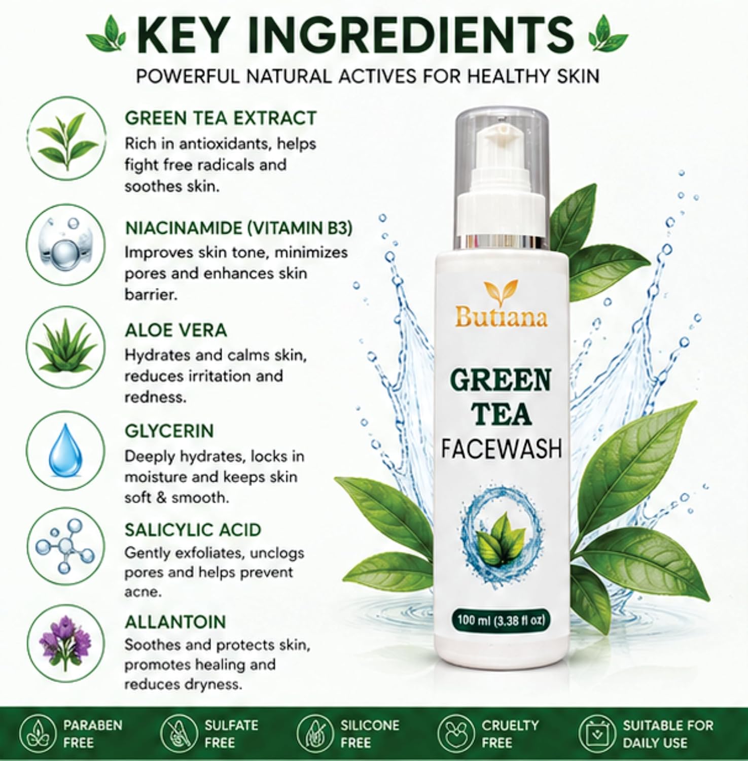 Butiana Green Tea Face Wash 100ml – Gentle Daily Cleanser with Brush, Oil Control & Refreshing Hydration, Deep Pore Cleansing Face Cleanser for Oily & Combination Skin Men & Women