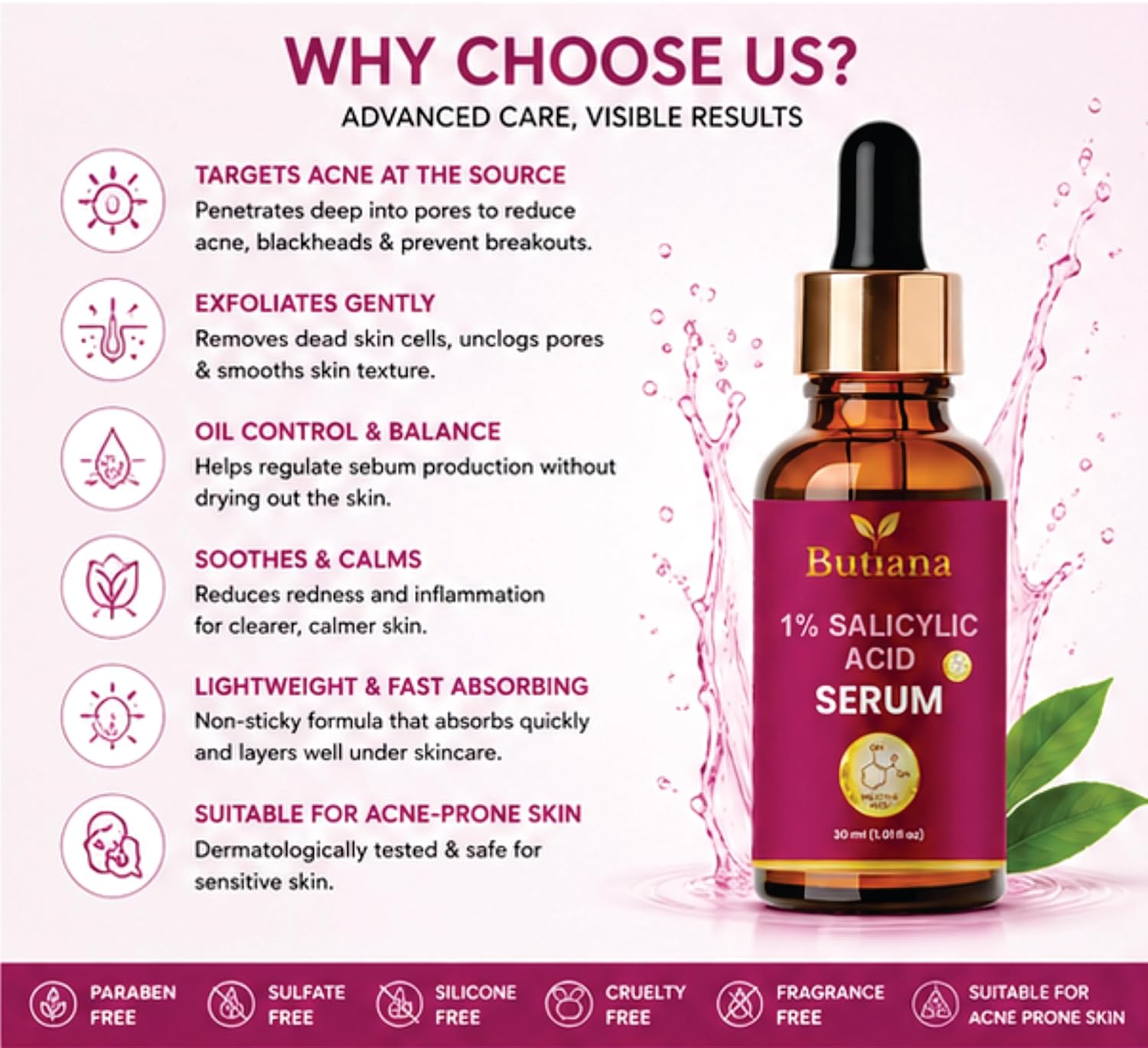 Butiana 1% Salicylic Acid Face Serum 30ml – Acne Control, Oil Balance, Pore Minimizing, Blackhead Removal, Gentle Exfoliation for Clear, Smooth & Healthy Skin