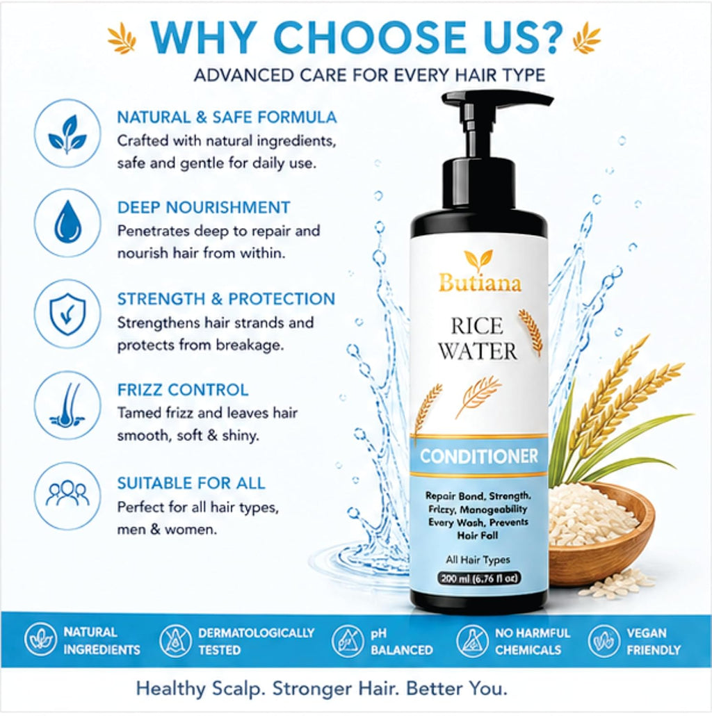 Butiana Rice Water Hair Conditioner 200ml – Strengthening & Smoothening Care, Frizz Control, Shine Boosting & Nourishing Conditioner for Dry, Damaged Hair, All Hair Types Men & Women