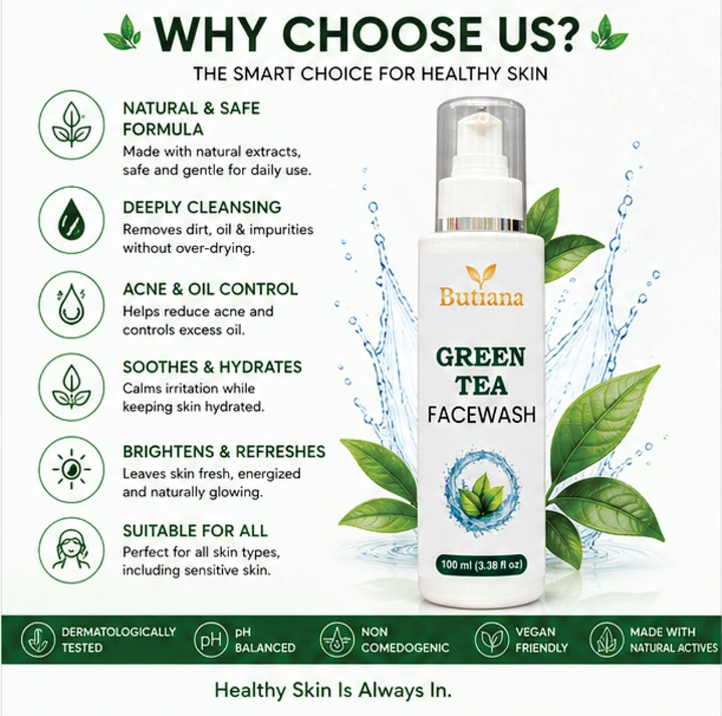 Butiana Green Tea Face Wash 100ml – Gentle Daily Cleanser with Brush, Oil Control & Refreshing Hydration, Deep Pore Cleansing Face Cleanser for Oily & Combination Skin Men & Women