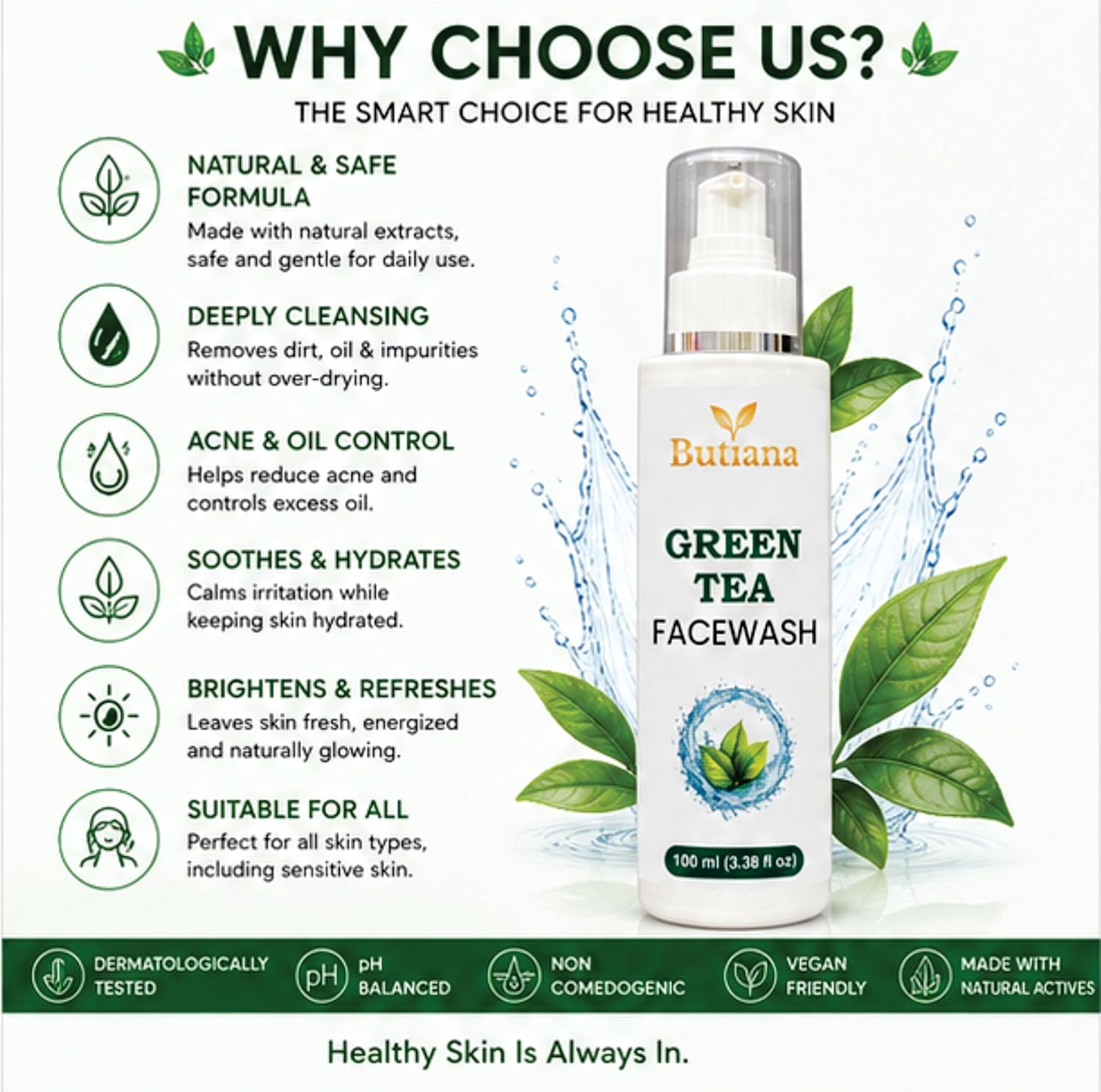 Butiana Green Tea Face Wash 100ml – Gentle Daily Cleanser with Brush, Oil Control & Refreshing Hydration, Deep Pore Cleansing Face Cleanser for Oily & Combination Skin Men & Women
