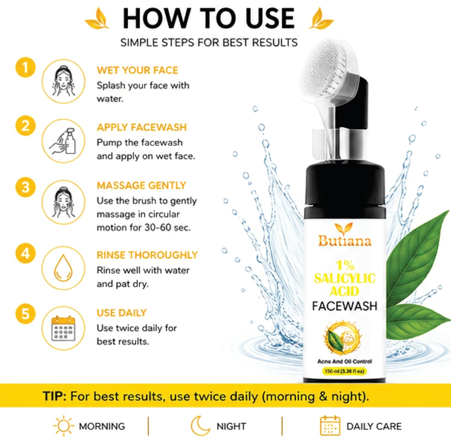 Butiana 1% Salicylic Acid Face Wash 150ml – Acne Control Cleanser with Tea Tree, Niacinamide & Aloe Vera, Oil Control, Pore Cleansing, Gentle Daily Face Cleanser for Clear Skin