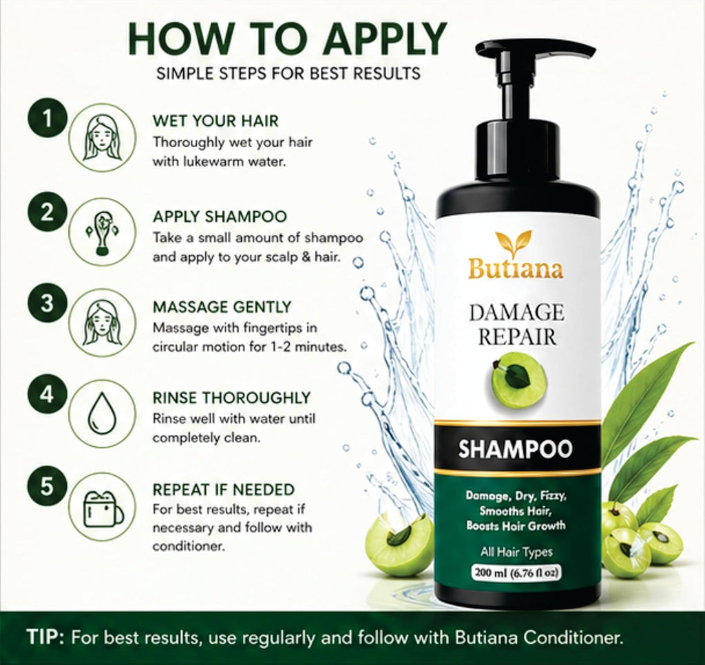 Butiana Damage Repair Shampoo 200ml – Dry & Frizzy Hair Care, Smoothening & Nourishing Formula, Scalp Hydration, Shine Boosting Shampoo for All Hair Types Men & Women