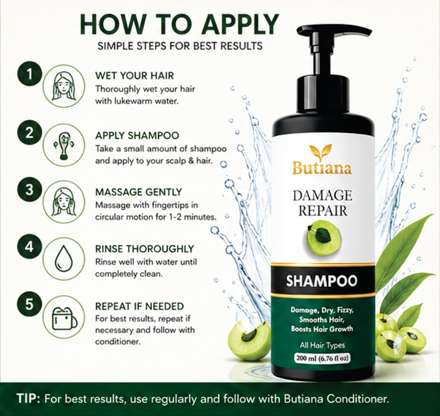 Butiana Damage Repair Shampoo 200ml – Dry & Frizzy Hair Care, Smoothening & Nourishing Formula, Scalp Hydration, Shine Boosting Shampoo for All Hair Types Men & Women
