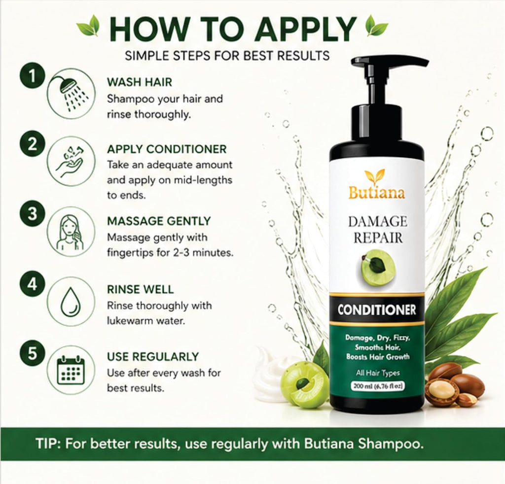 Butiana Damage Repair Hair Conditioner 200ml – Smoothening & Nourishing Care for Dry, Frizzy & Damaged Hair, Moisturizing, Shine Boosting Conditioner for All Hair Types Men & Women