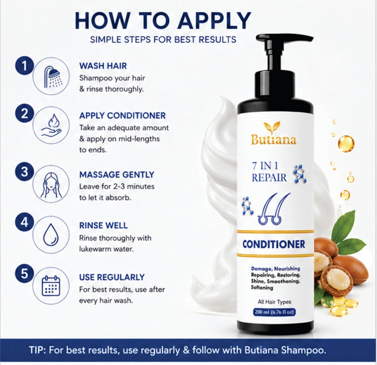 Butiana 7 in 1 Repair Hair Conditioner 200ml – Damage Repair, Nourishing, Smoothening & Shine Boosting Conditioner for Dry, Frizzy & Damaged Hair, All Hair Types Men & Women