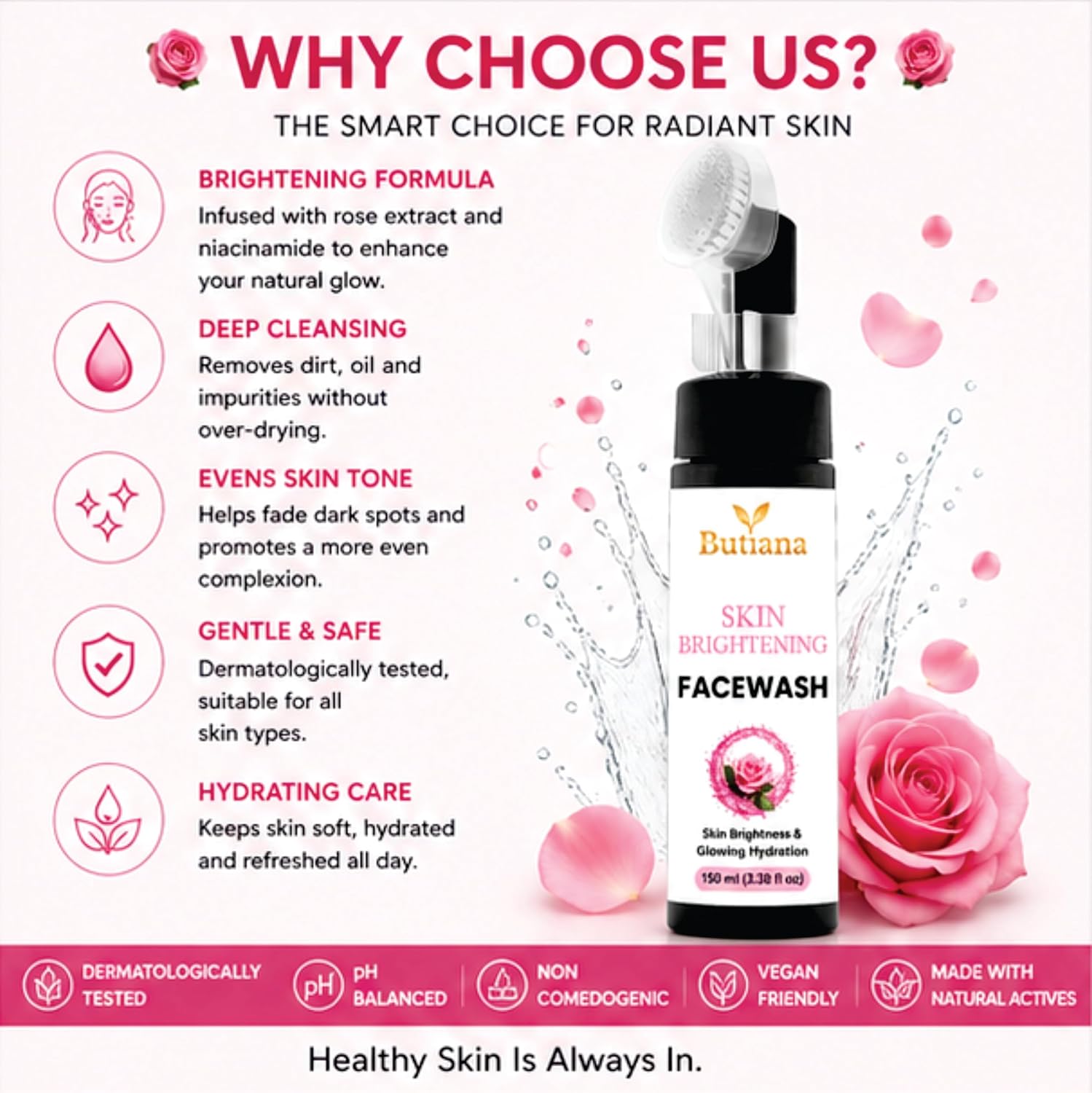 Butiana Skin Brightening Face Wash 150ml – Gentle Daily Cleanser for Glowing Skin, Hydrating & Refreshing Face Cleanser, Improves Skin Radiance & Texture for Men & Women