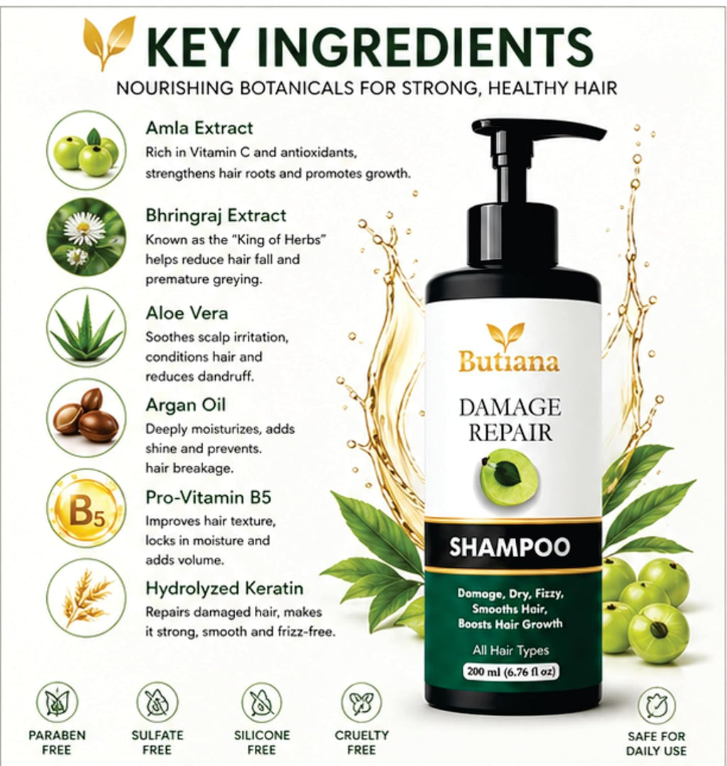 Butiana Damage Repair Shampoo 200ml – Dry & Frizzy Hair Care, Smoothening & Nourishing Formula, Scalp Hydration, Shine Boosting Shampoo for All Hair Types Men & Women