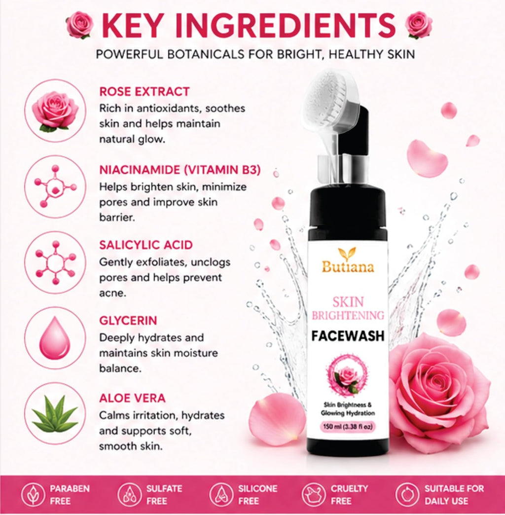 Butiana Skin Brightening Face Wash 150ml – Gentle Daily Cleanser for Glowing Skin, Hydrating & Refreshing Face Cleanser, Improves Skin Radiance & Texture for Men & Women