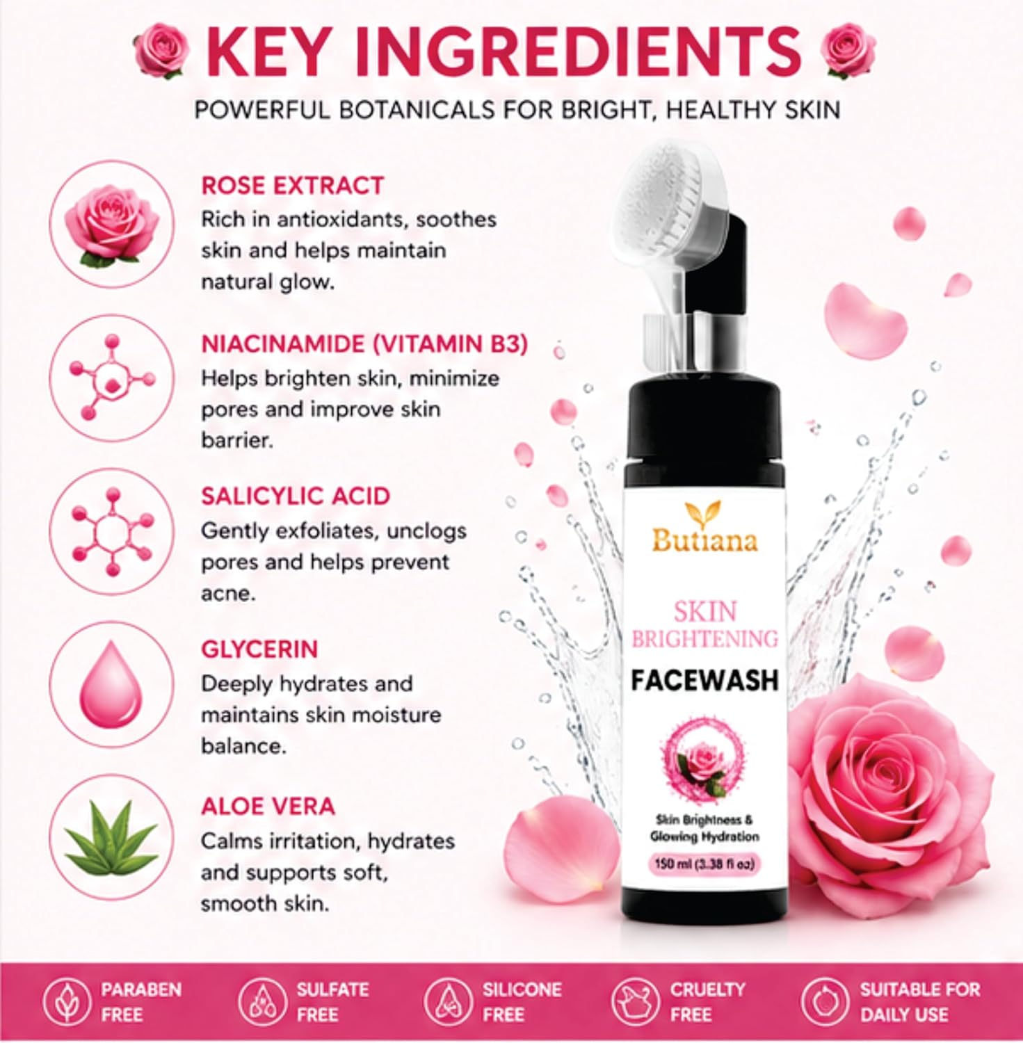 Butiana Skin Brightening Face Wash 150ml – Gentle Daily Cleanser for Glowing Skin, Hydrating & Refreshing Face Cleanser, Improves Skin Radiance & Texture for Men & Women
