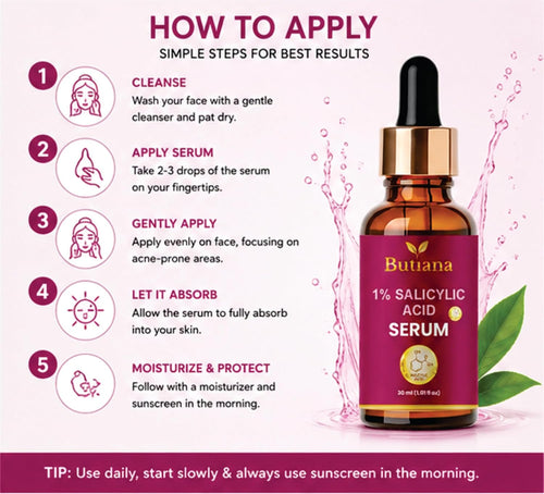 Butiana 1% Salicylic Acid Face Serum 30ml – Acne Control, Oil Balance, Pore Minimizing, Blackhead Removal, Gentle Exfoliation for Clear, Smooth & Healthy Skin