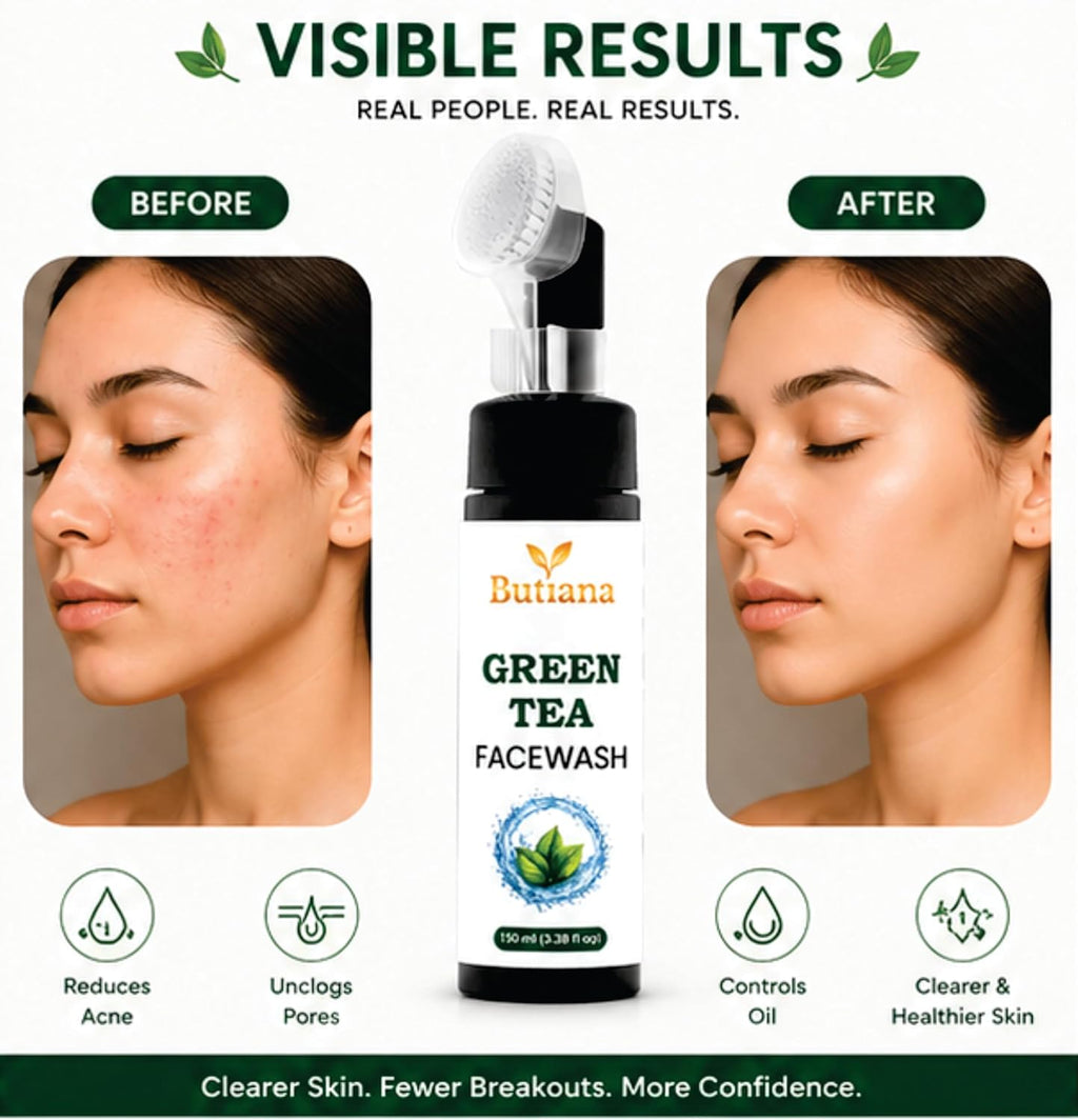 Butiana Green Tea Face Wash 150ml – Gentle Daily Cleanser with Brush, Oil Control & Refreshing Hydration, Deep Pore Cleansing Face Cleanser for Oily & Combination Skin Men & Women