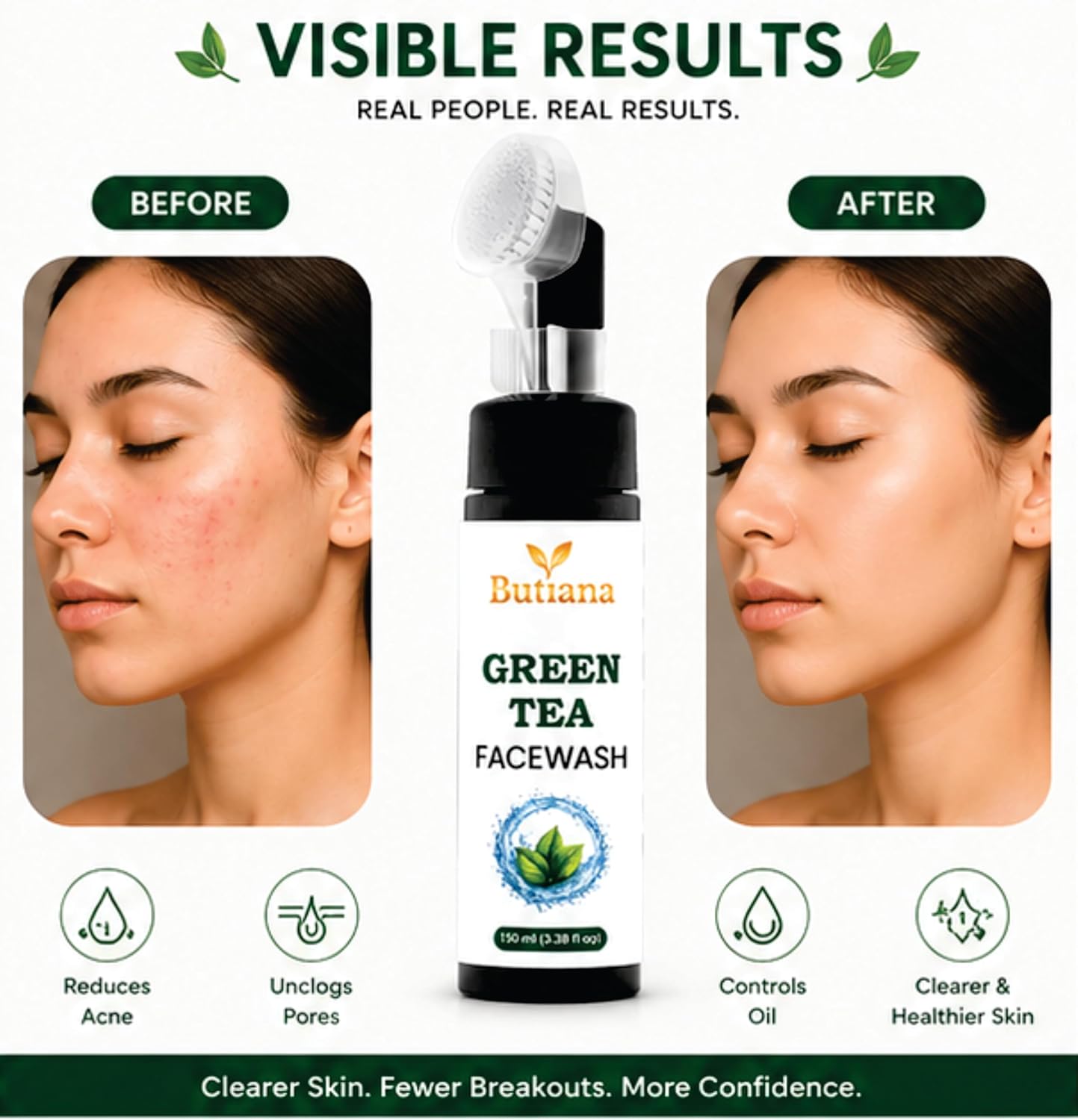 Butiana Green Tea Face Wash 150ml – Gentle Daily Cleanser with Brush, Oil Control & Refreshing Hydration, Deep Pore Cleansing Face Cleanser for Oily & Combination Skin Men & Women
