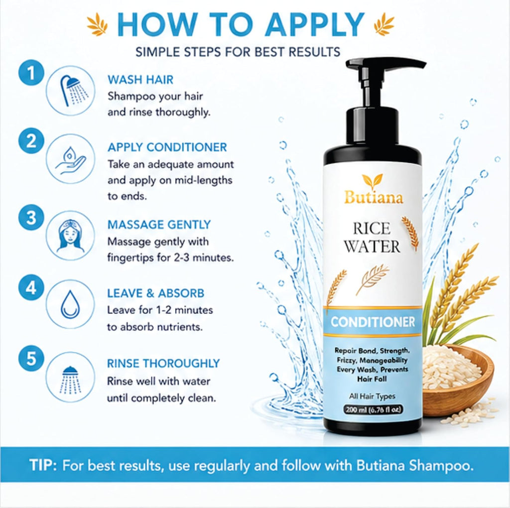 Butiana Rice Water Hair Conditioner 200ml – Strengthening & Smoothening Care, Frizz Control, Shine Boosting & Nourishing Conditioner for Dry, Damaged Hair, All Hair Types Men & Women