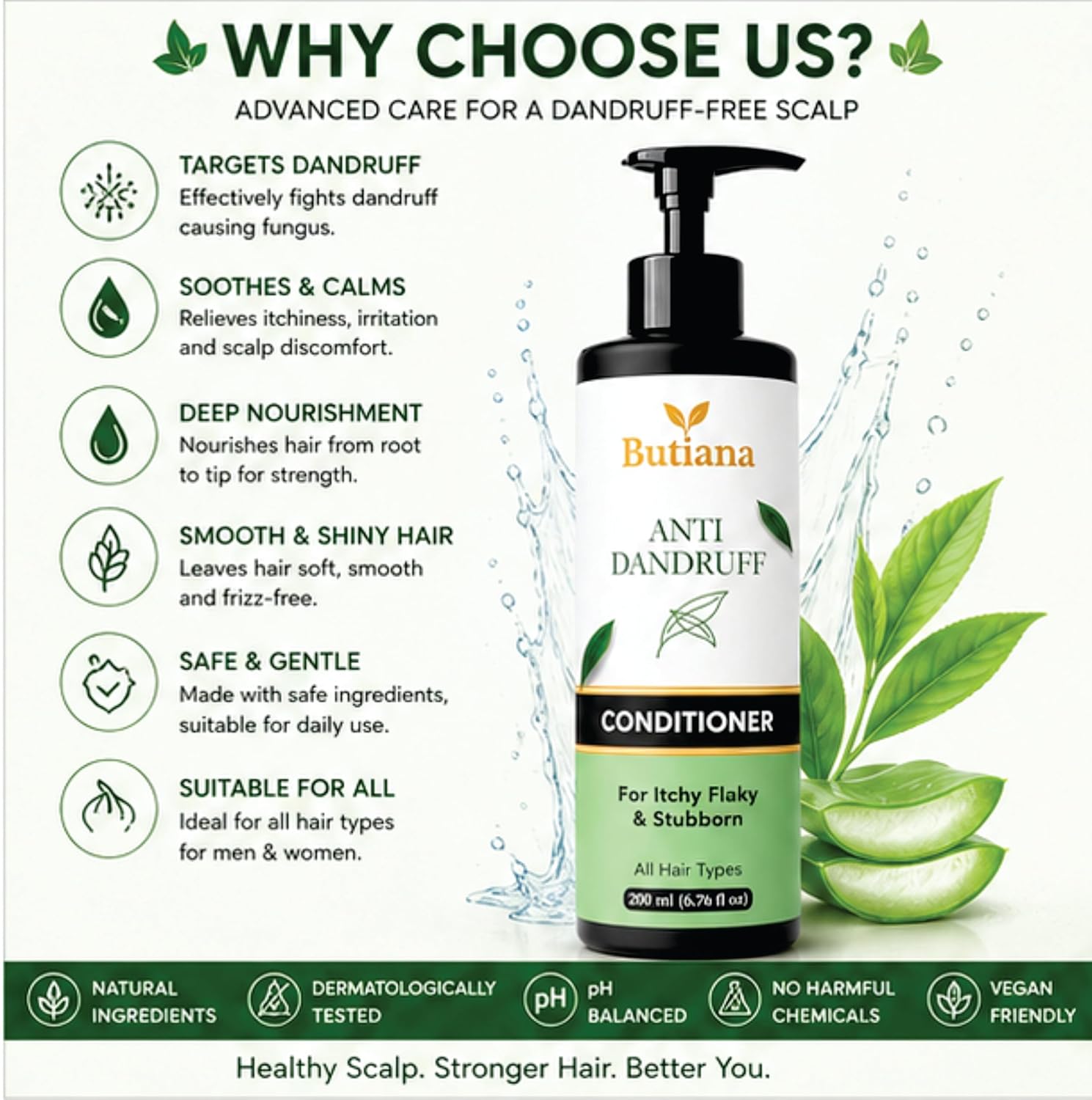 Butiana Anti Dandruff Hair Conditioner 200ml – Scalp Soothing, Flake Control, Hydrating & Smoothening Conditioner for Itchy, Dry & Flaky Scalp, All Hair Types Men & Women